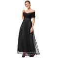 Grace Karin Sexy fuera del hombro de manga corta suave Tulle negro largo vestido de noche GK000077-1